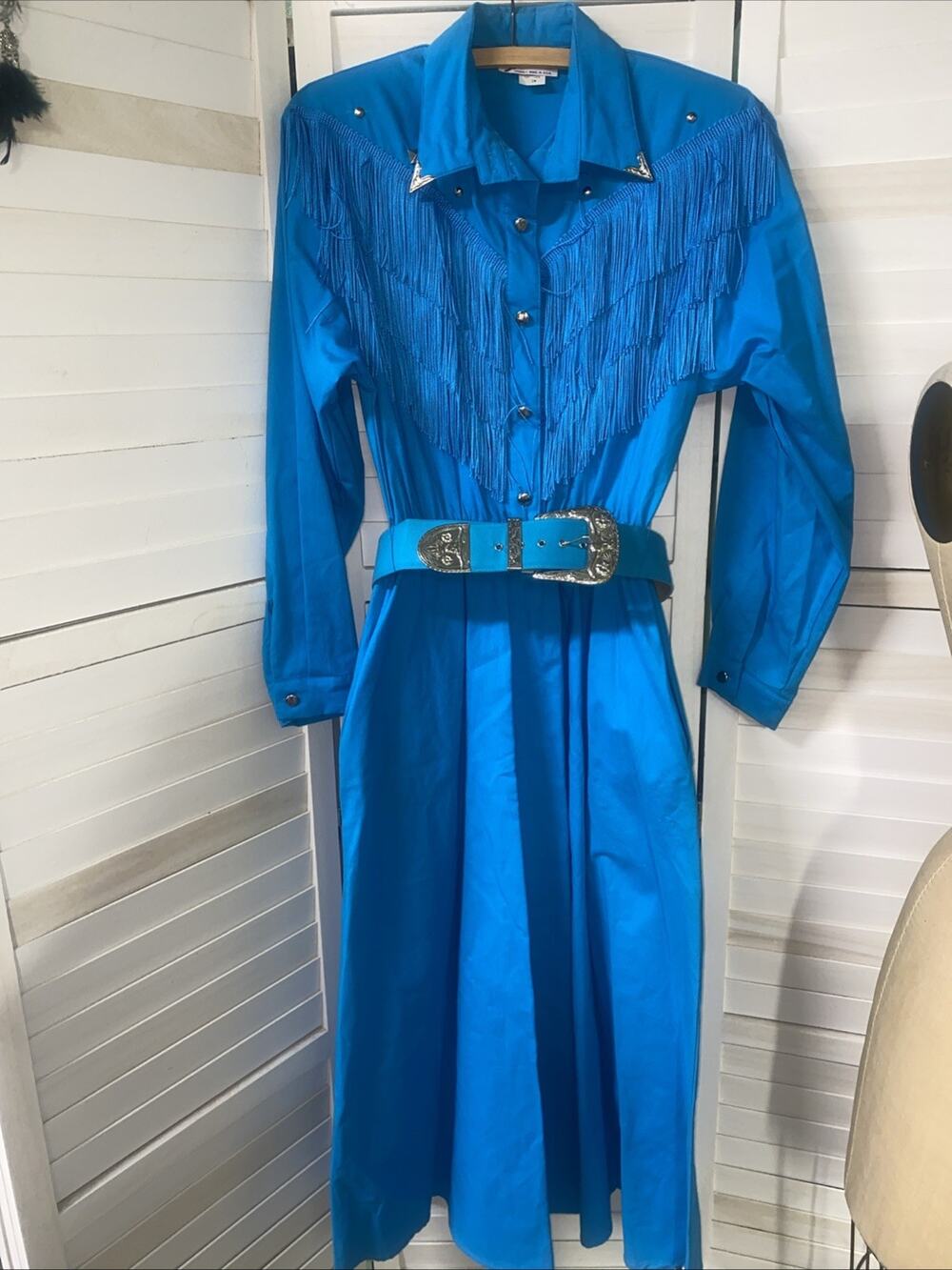 Vintage 80s Blue Western Fringe Cowgirl Midi Dress Belt Women's Small USA Made